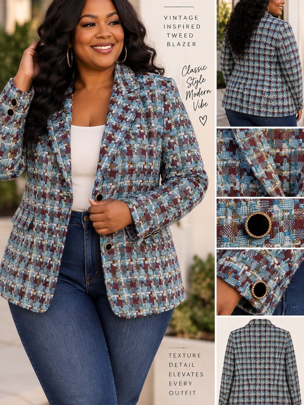 POL Vintage-Inspired Tweed Blazer Large Multicolor Textured Statement Jacket - L
